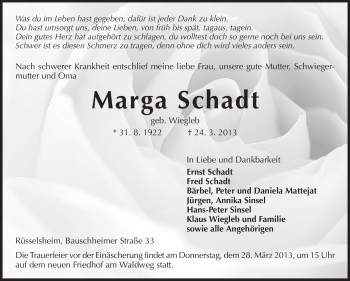 Traueranzeige von Marga Schadt von Rüsselsheimer Echo, Groß-Gerauer-Echo, Ried Echo