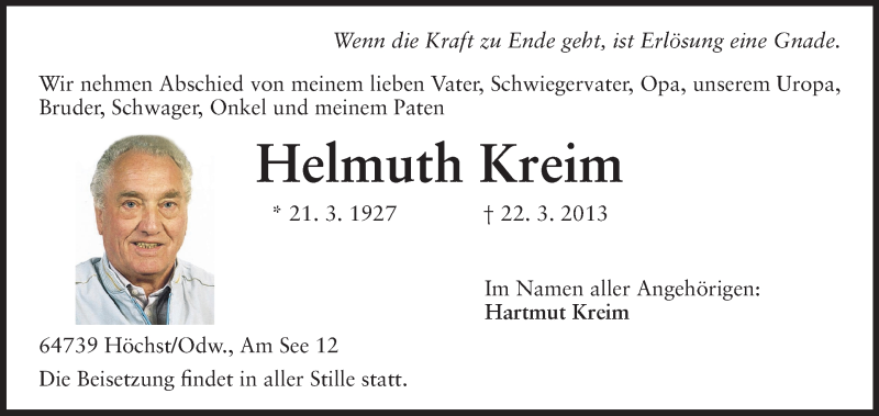  Traueranzeige für Helmuth Kreim vom 27.03.2013 aus Odenwälder Echo