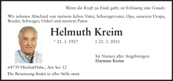 Traueranzeige von Helmuth Kreim von Odenwälder Echo