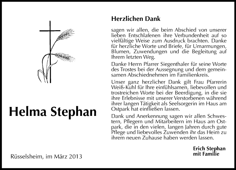  Traueranzeige für Helma Stephan vom 28.03.2013 aus Rüsselsheimer Echo, Groß-Gerauer-Echo, Ried Echo