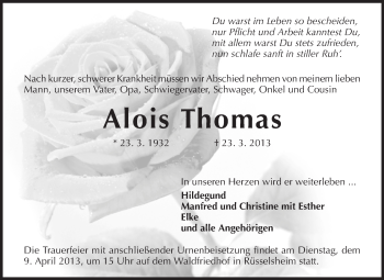 Traueranzeige von Alois Thomas von Rüsselsheimer Echo, Groß-Gerauer-Echo, Ried Echo