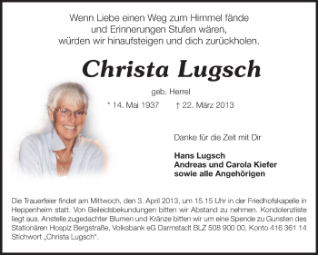 Traueranzeige von Christa Lugsch von Starkenburger Echo