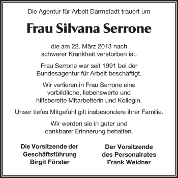 Traueranzeige von Silvana Serrone von Echo-Zeitungen (Gesamtausgabe)