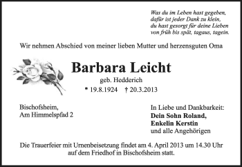 Traueranzeige von Barbara Leicht von Rüsselsheimer Echo, Groß-Gerauer-Echo, Ried Echo