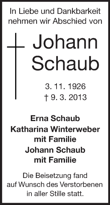 Traueranzeige von Johann Schaub von Echo-Zeitungen (Gesamtausgabe)