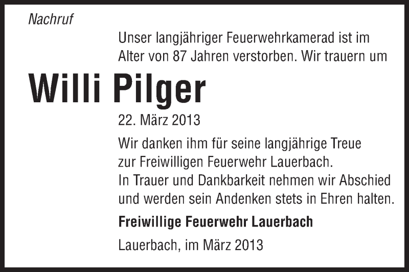  Traueranzeige für Willi Pilger vom 27.03.2013 aus Odenwälder Echo