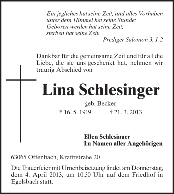 Traueranzeige von Lina Schlesinger von Echo-Zeitungen (Gesamtausgabe)