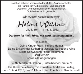 Traueranzeige von Helma Weidner von Echo-Zeitungen (Gesamtausgabe)