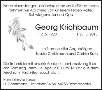 Traueranzeige von Georg Krichbaum von Odenwälder Echo