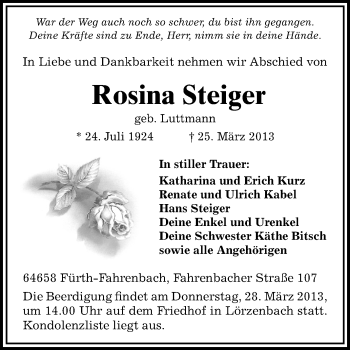 Traueranzeige von Rosina Steiger von Odenwälder Echo