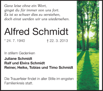 Traueranzeige von Alfred Schmidt von Echo-Zeitungen (Gesamtausgabe)