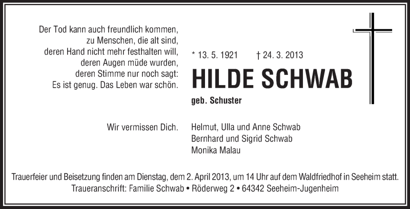  Traueranzeige für Hilde Schwab vom 28.03.2013 aus Echo-Zeitungen (Gesamtausgabe)