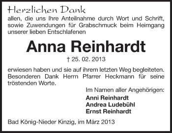 Traueranzeige von Anna Reinhardt von Odenwälder Echo