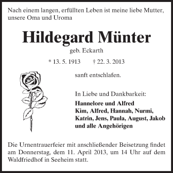 Traueranzeige von Hildegard Münter von Echo-Zeitungen (Gesamtausgabe)