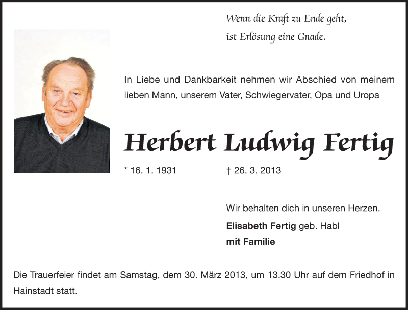  Traueranzeige für Herbert Ludwig Fertig vom 28.03.2013 aus Odenwälder Echo