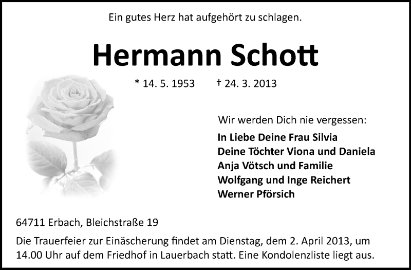  Traueranzeige für Hermann Schott vom 28.03.2013 aus Odenwälder Echo