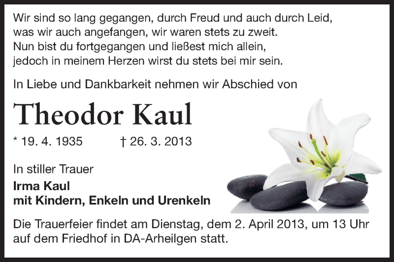  Traueranzeige für Theodor Kaul vom 30.03.2013 aus Echo-Zeitungen (Gesamtausgabe)