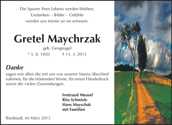 Traueranzeige von Gretel Maychrzak von Rüsselsheimer Echo, Groß-Gerauer-Echo, Ried Echo