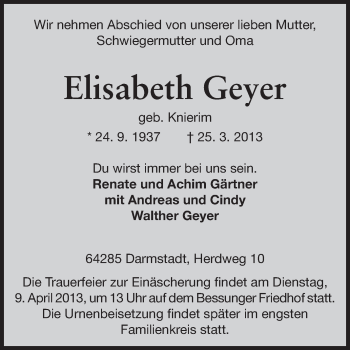 Traueranzeige von Elisabeth Geyer von Echo-Zeitungen (Gesamtausgabe)