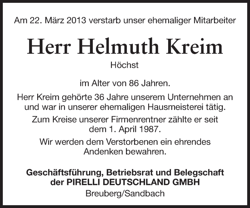  Traueranzeige für Helmuth Kreim vom 30.03.2013 aus Odenwälder Echo