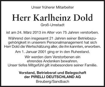Traueranzeige von Karlheinz Dold von Odenwälder Echo