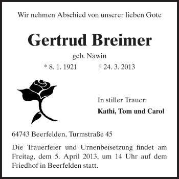 Traueranzeige von Gertrud Breimer von Odenwälder Echo
