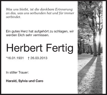 Traueranzeige von Herbert Fertig von Odenwälder Echo