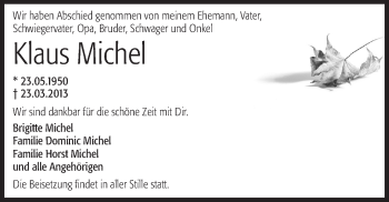 Traueranzeige von Klaus Michel von Echo-Zeitungen (Gesamtausgabe)