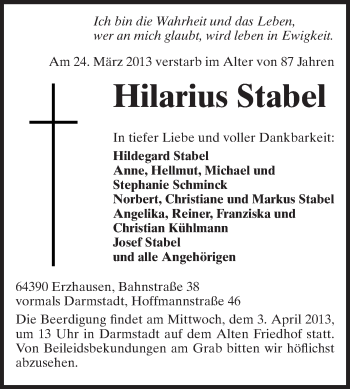 Traueranzeige von Hilarius Stabel von Echo-Zeitungen (Gesamtausgabe)