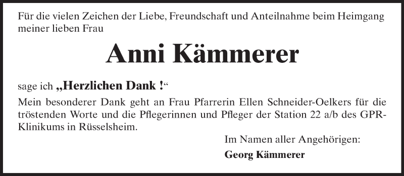  Traueranzeige für Anni Kämmerer vom 30.03.2013 aus Rüsselsheimer Echo, Groß-Gerauer-Echo, Ried Echo
