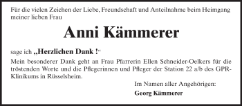 Traueranzeige von Anni Kämmerer von Rüsselsheimer Echo, Groß-Gerauer-Echo, Ried Echo