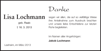 Traueranzeige von Lisa Lochmann von Rüsselsheimer Echo, Groß-Gerauer-Echo, Ried Echo