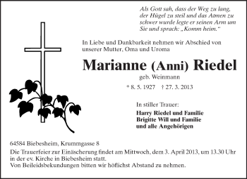 Traueranzeige von Marianne Riedel von Rüsselsheimer Echo, Groß-Gerauer-Echo, Ried Echo