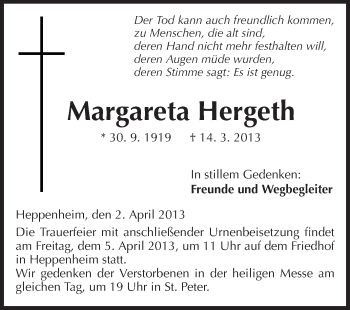 Traueranzeige von Margareta Hergeth von Starkenburger Echo