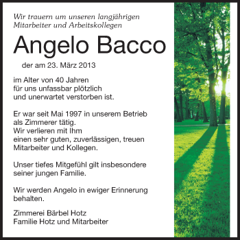 Traueranzeige von Angelo Bacco von Echo-Zeitungen (Gesamtausgabe)