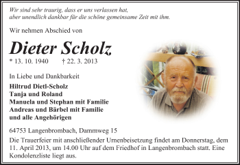 Traueranzeige von Dieter Scholz von Odenwälder Echo
