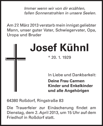 Traueranzeige von Josef Kühnl von Echo-Zeitungen (Gesamtausgabe)