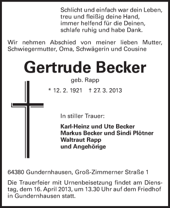 Traueranzeige von Gertrude Becker von Echo-Zeitungen (Gesamtausgabe)