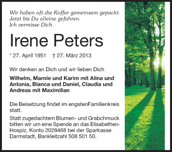 Traueranzeige von Irene Peters von Echo-Zeitungen (Gesamtausgabe)