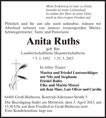 Traueranzeige von Anita Ruths von Echo-Zeitungen (Gesamtausgabe)