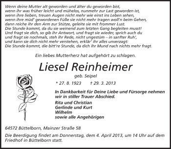 Traueranzeige von Liesel Reinheimer von Rüsselsheimer Echo, Groß-Gerauer-Echo, Ried Echo