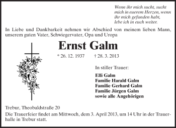 Traueranzeige von Ernst Galm von Rüsselsheimer Echo, Groß-Gerauer-Echo, Ried Echo