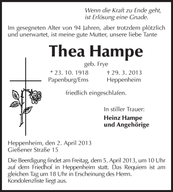 Traueranzeige von Thea Hampe von Starkenburger Echo
