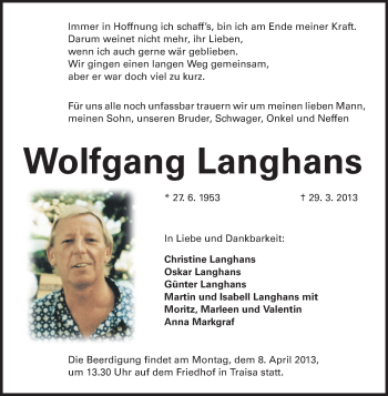 Traueranzeige von Wolfgang Langhans von Echo-Zeitungen (Gesamtausgabe)