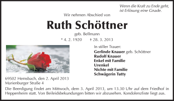 Traueranzeige von Ruth Schöttner von Starkenburger Echo