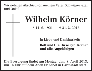 Traueranzeige von Wilhelm Körner von Echo-Zeitungen (Gesamtausgabe)