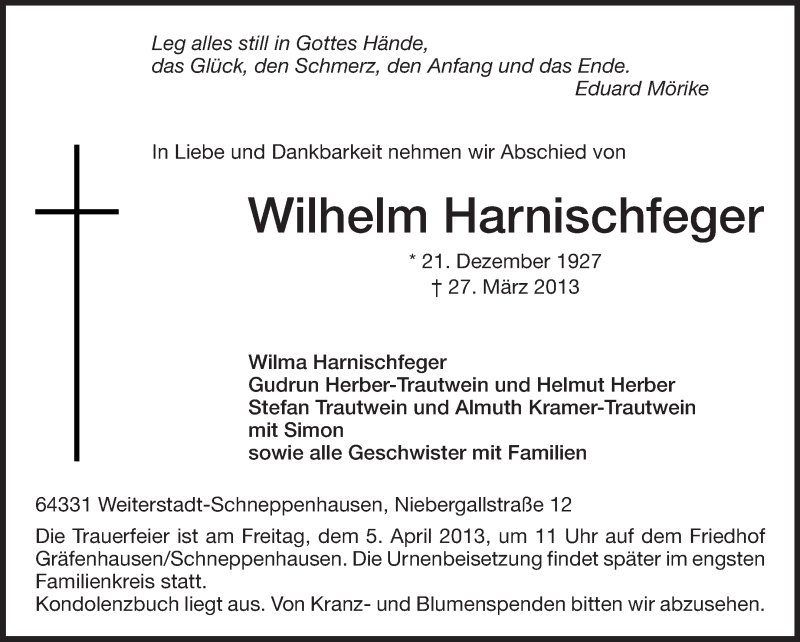  Traueranzeige für Wilhelm Harnischfeger vom 03.04.2013 aus Echo-Zeitungen (Gesamtausgabe)