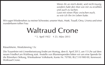 Traueranzeige von Waltraud Crone von Rüsselsheimer Echo, Groß-Gerauer-Echo, Ried Echo