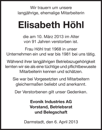 Traueranzeige von Elisabeth Höhl von Echo-Zeitungen (Gesamtausgabe)
