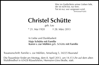 Traueranzeige von Christel Schütte von Rüsselsheimer Echo, Groß-Gerauer-Echo, Ried Echo